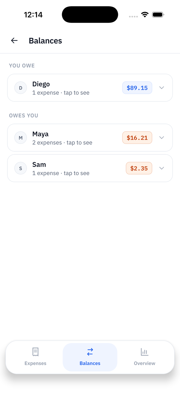 The Lamu Trip balances in Evenly, showing who owes whom.