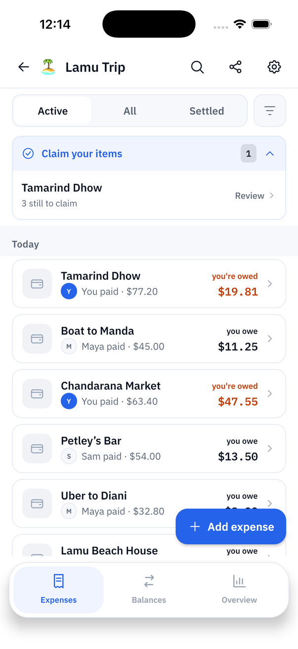 The Lamu Trip group in Evenly, showing six expenses paid by four different people.